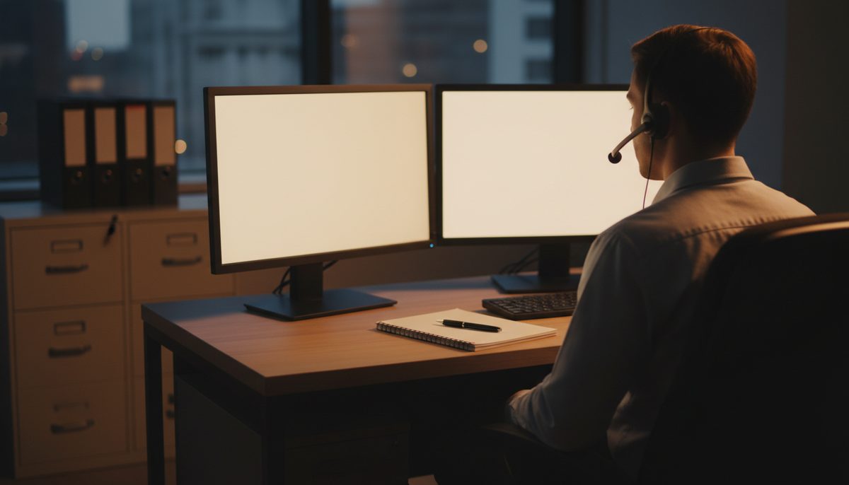 A licensed agent at a desk wearing a phone headset, seen from behind