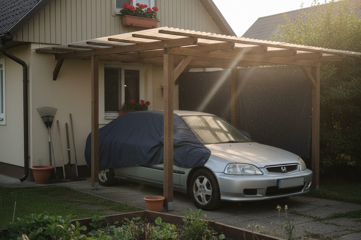 An older sedan parked under a carport with the car cover folded back off the hood