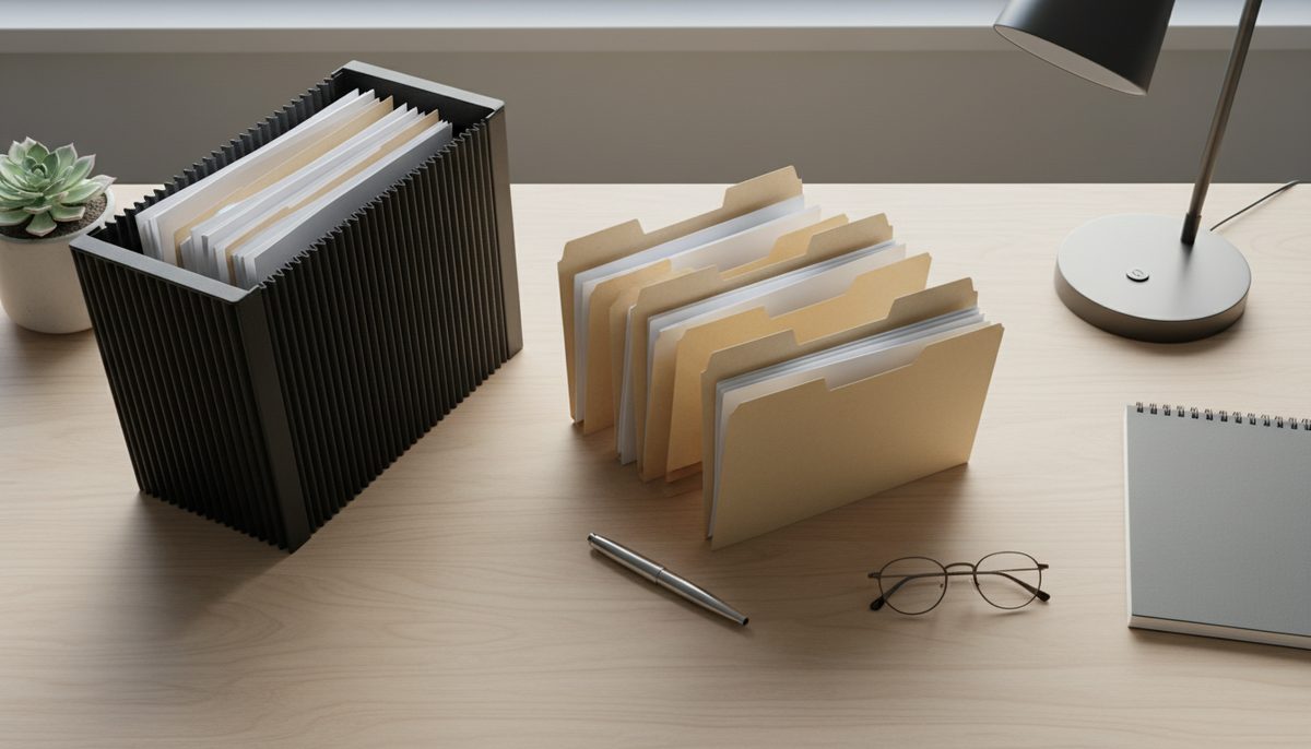 Manila folders and papers fanned across a desk beside a pen and reading glasses