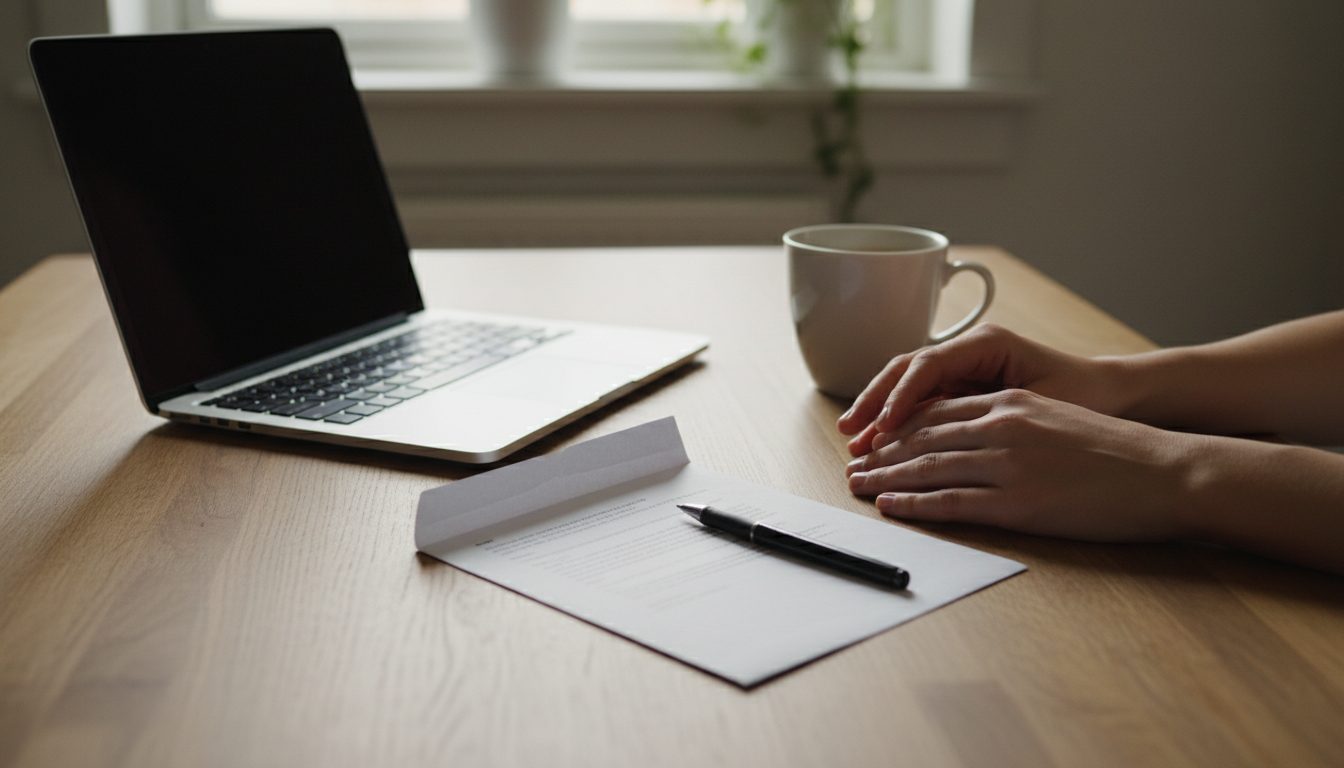 A renewal envelope, a folded policy document and a laptop on a kitchen table in morning light