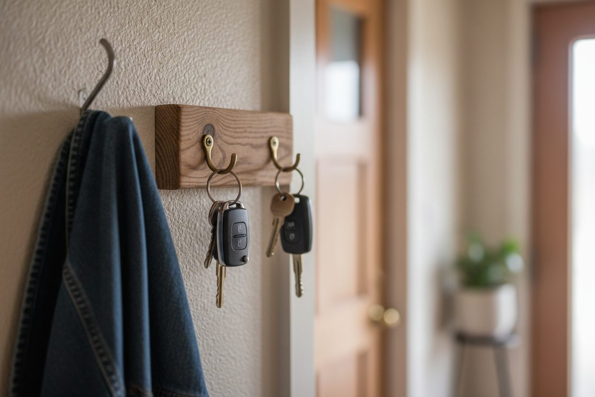 Two sets of car keys hanging on a wooden rack beside a front door
