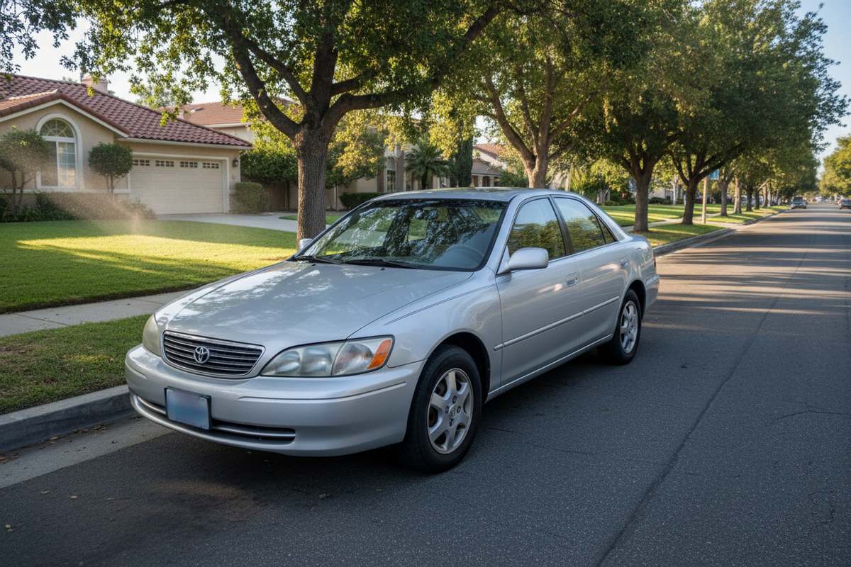 A well-kept older sedan parked at the curb on a leafy California street