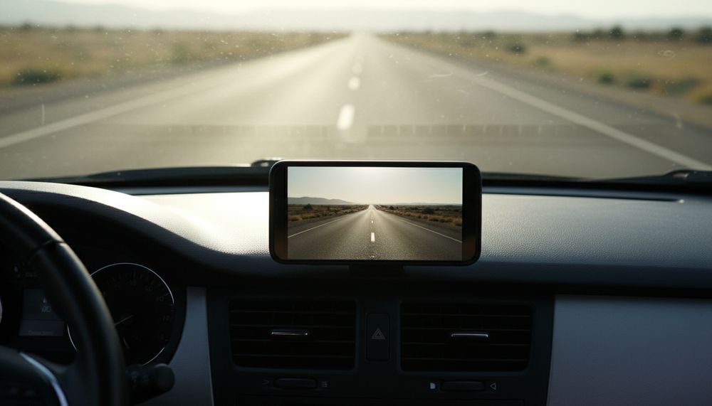 A phone mounted on a car dashboard with a sunlit road ahead