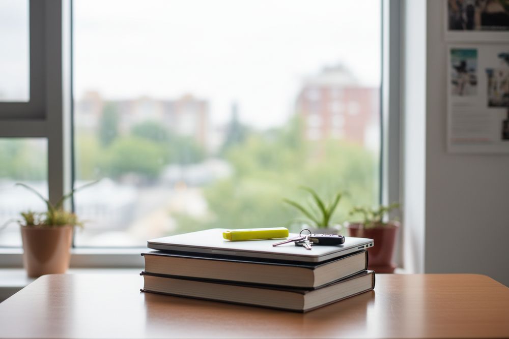 Textbooks, a closed laptop and a set of car keys on a student desk