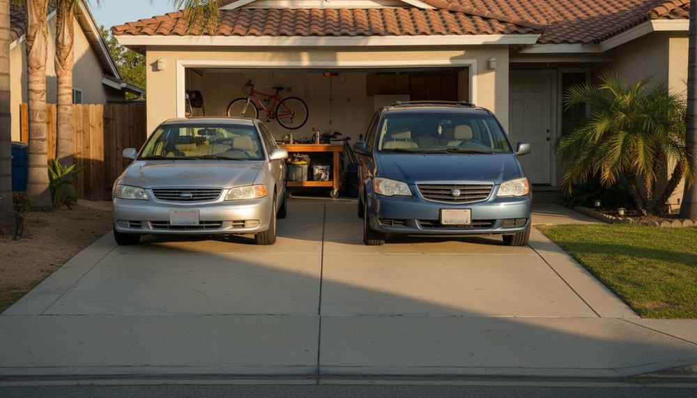 Two family cars parked side by side in a suburban driveway